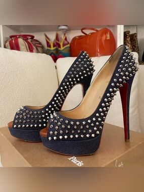 Christian Louboutin Navy Denim Platform Pumps with Silver Spikes
